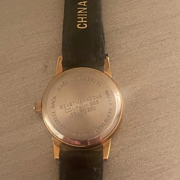 Kodak Olympics Ladies Watch Vintage Genuine Black Leather Yellow Gold Tone Case - Picture 2 of 5